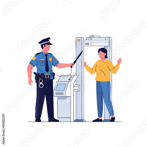 Officer with baton screens person at metal detector portal