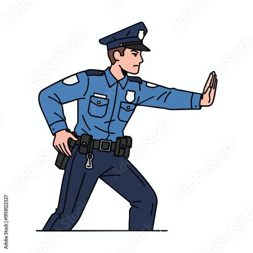 A uniformed officer in a blue shirt and dark pants holds up a hand