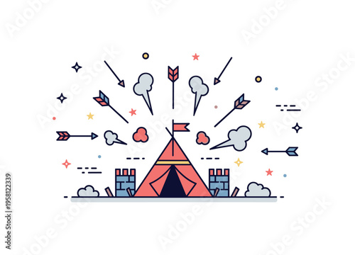 Attacked battlefield camp a small fortified tent area surrounded by flying arrows and smoke bursts suggesting intense action during combat. Minimalist flat
