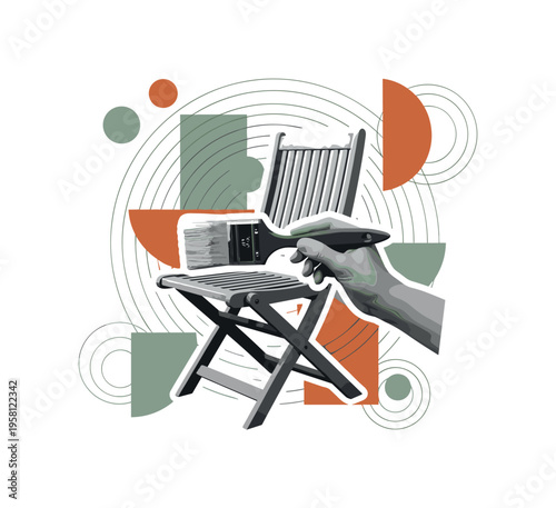 black and white hand repainting a wooden outdoor chair with a paintbrush, white cut-out outline around the chair and hand, abstract circles and semicircles