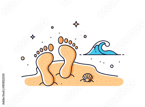 Footsteps by the ocean a pair of footprints impressed into soft sand near a minimal wave symbol and tiny shell, capturing the calm rhythm of walking along the