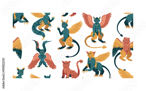 Mythical chimera style beings seamless pattern, imaginative creatures mixing human figures with animal wings tails claws and ears arranged in a repeating
