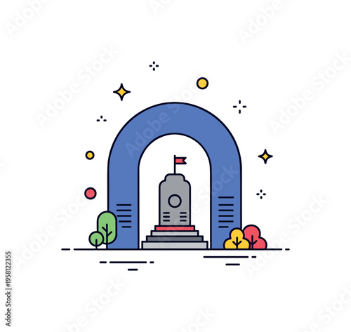 Cultural heritage preservation illustrated by a small monument silhouette framed within a protective arch shape. The composition conveys respect, conservation,