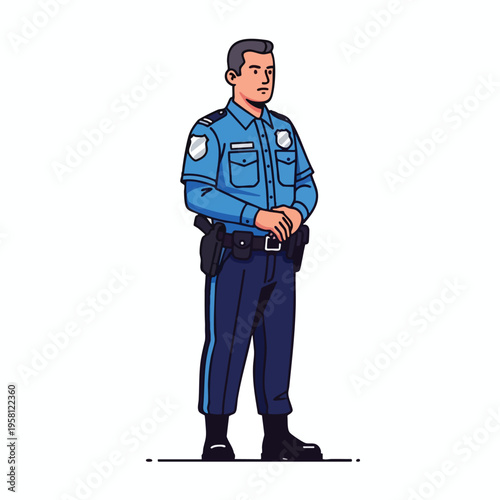 Confident male officer in uniform stands with hands clasped, ready for duty