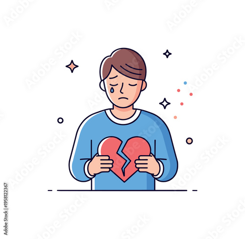Heartbreak moment person holding a broken heart symbol while small fading stars suggest sadness and emotional reflection. Subtle illustration expressing loss,