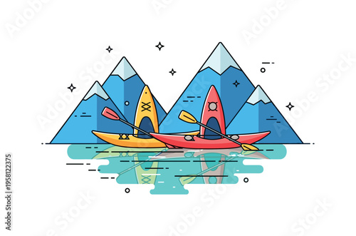 Crystal lake exploration icon two bright kayaks mirrored on calm turquoise water with bold triangular peaks creating a scenic frame. A clean and optimistic