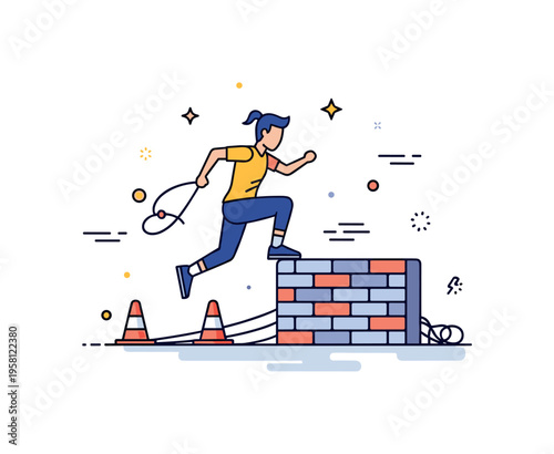 Fitness challenges and obstacle courses showing a participant jumping over a low wall with small cones and ropes nearby, emphasizing determination and active
