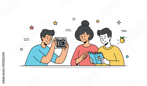 Creative hobby bonding friends experimenting with photography while one frames a shot and the other holds a small notebook of ideas. Scene represents