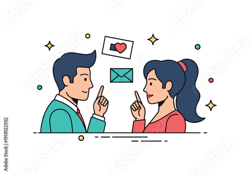 Soap opera secret affair two characters exchanging a discreet glance while a small heart and hidden envelope icon hint at a forbidden romance unfolding behind