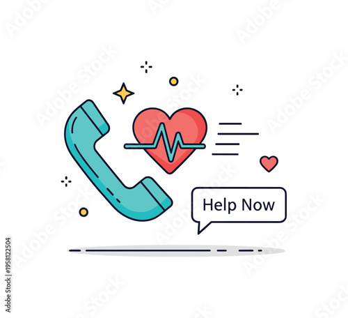 Patient support hotline illustration showing a phone with stylized heartbeat icon and subtle motion lines. Small star accent and a ?Help Now? caption highlight