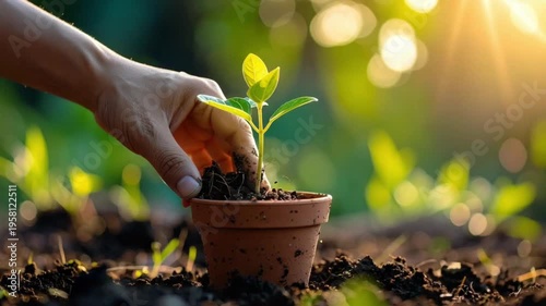 Wallpaper Mural Hand planting young seedling into pot with golden sunlight Torontodigital.ca