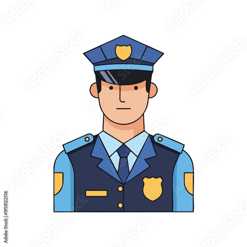 Flat illustration of a police officer's bust, wearing a blue uniform with gold insignia
