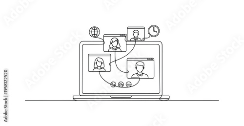 International Video Call. Minimalistic one-line drawing laptop showing multiple participants with small globe and clock icons, continuous single black line on