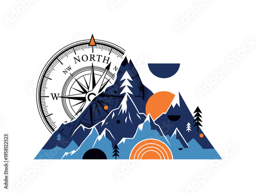 compass and mountains direction scene with geometric circles semicircles and symbolic shapes, black and white vintage compass over mountain landscape with
