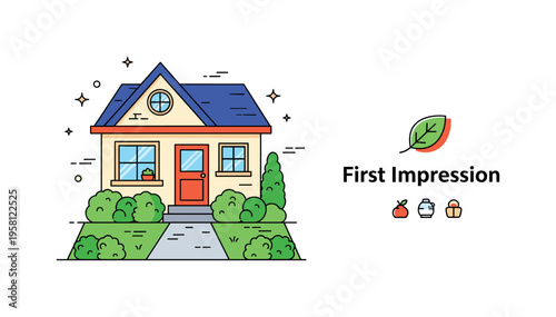 Curb appeal enhancement illustration featuring a tidy house facade with trimmed bushes and a neat pathway. Small leaf icon and a ?First Impression? text accent