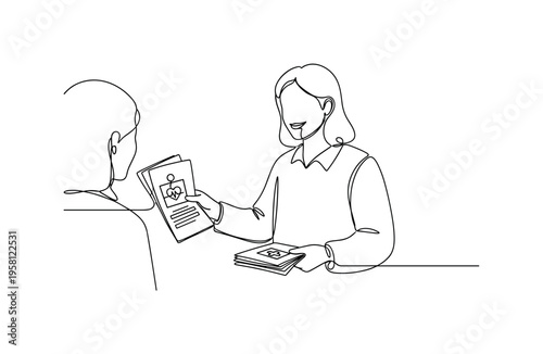 Public Health Campaign. Minimalistic one-line drawing educator handing out informational pamphlets on preventive care, continuous single black line on white