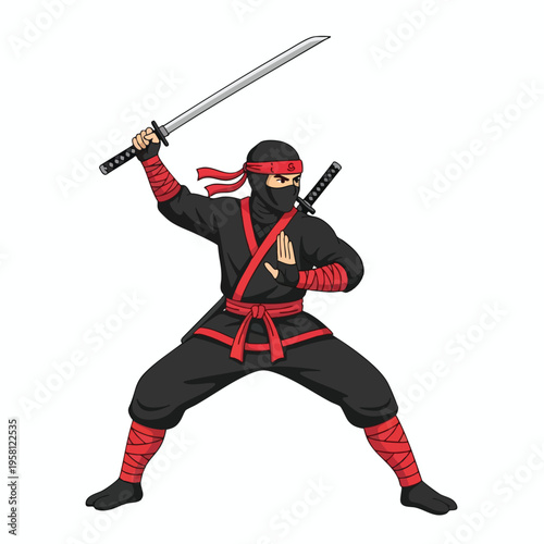 Fierce ninja in black and red attire with swords raised in battle stance