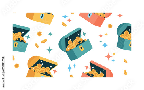 treasure chests and coins seamless pattern, repeating pattern, surface design, textile print, soft color palette, modern illustration, flat vector treasure
