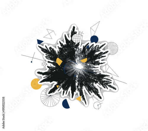 black and white pine tree crown viewed from below perspective, cut-out collage look with white outline, floating geometric circles and structural lines