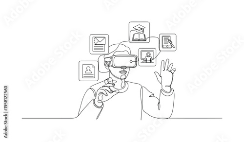 Augmented Reality Education. Minimalistic one-line drawing person with AR glasses viewing floating learning elements in front of them, continuous single black