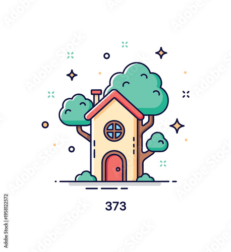 Little fairy treetop home cute tiny house in a tree with a door and windows, surrounded by soft sparkles and whimsical decorative accents. Minimalist flat