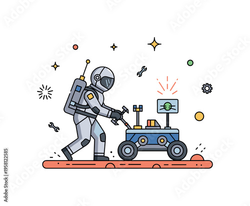 Martian scientist in a futuristic suit operating a rover with tools on the planet?s surface representing research, exploration, and technological innovation.