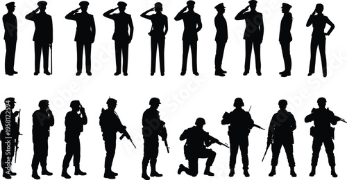 Military soldier silhouettes set, army personnel saluting and holding weapons in various poses, defense forces illustration isolated on white background