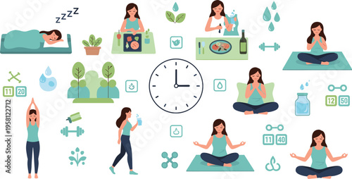 Daily healthy routine set with yoga, hydration, nutrition and sleep habits cartoon vector illustration