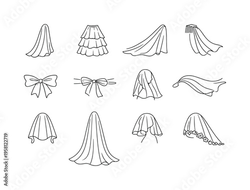 Bridal Tulle Elements. Minimalistic set one-line drawing wedding veil, layered bridal skirt, tulle train, veil with comb, soft tulle bow, decorative tulle