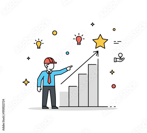 Visionary leadership founder pointing toward a rising path with a star at the top while small innovation icons float around. Symbolic scene of guiding a