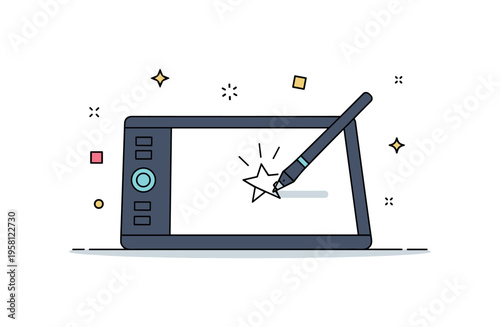 Digital artist workspace centered on a drawing tablet with a stylus creating a small star shaped sketch on the screen. Subtle creative sparks and tiny shapes