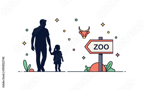 Family outing to the zoo depicted by two adult and child silhouettes walking toward a minimal animal icon sign, symbolizing bonding and exploration. The