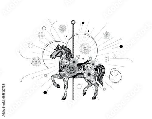 circus carousel horse with spring flowers, circular halos curved lines and geometric dots radiating outward, black and white retro carousel horse decorated