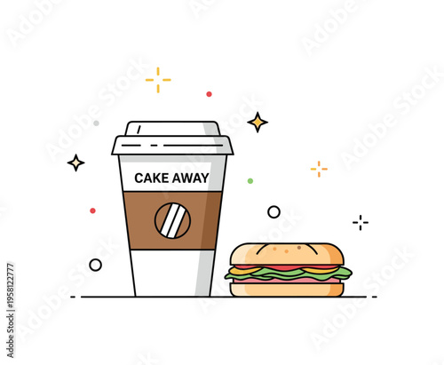 Quick breakfast before work theme depicted by a takeaway coffee cup beside a small sandwich, symbolizing busy mornings and practical choices. The compact
