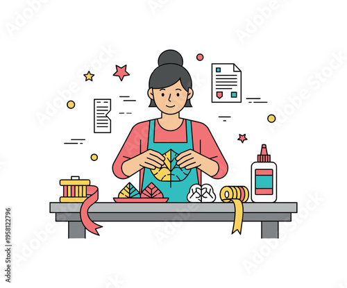 Handmade craft project person assembling decorative pieces on a small table while paper, ribbons, and glue form a cheerful creative workspace. The scene
