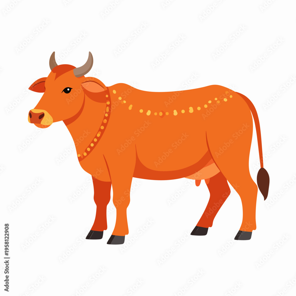 Fototapeta premium Vibrant orange cow illustration facing left on a clean white backdrop, showcasing serene demeanor, bright yellow spots, and bold cartoon style from a frontal viewpoint
