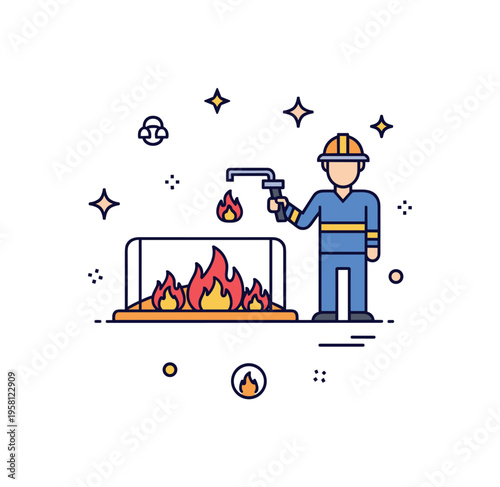 Wildfire prevention strategy concept built around a small contained fire strip with a firefighter holding a drip torch, symbolizing proactive land management