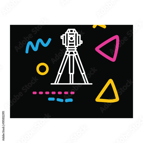 Bright neon illustration of a movie camera on a tripod with colorful shapes