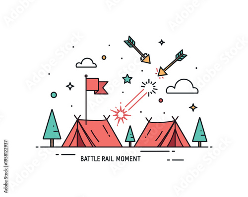 Battle raid moment a compact military camp with flag and tents while arrows and burst icons indicate an active strike against the base. Minimalist flat vector