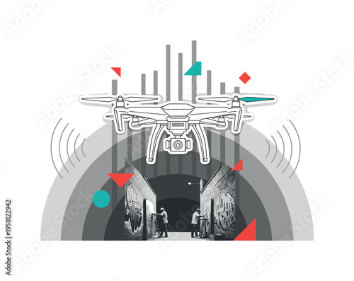 monochrome quadcopter drone filming graffiti artists in an alley, white contour cut-out outline, layered semicircles and vertical bars representing buildings