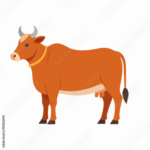 Calm Brown Cow Standing on White Background Illustrated in Vector Style, Viewed in Profile from the Left, Featuring Yellow Collar and Gray Horns and Udder for Agricultural Icon Use