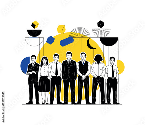 black and white office team with different individuals standing side by side, cut-out figures with white outline effect, bold yellow circle behind the group