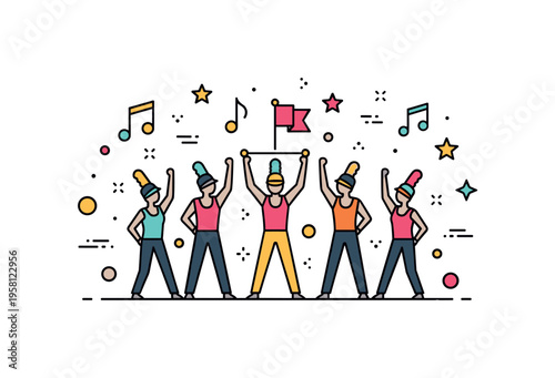 Parade marching dance group represented by synchronized silhouettes with small flag and music note accents to emphasize coordination and public festivity. The
