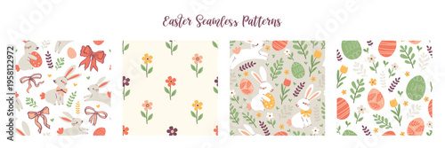 Easter collection of seamless patterns with bunnies, eggs, and bows. Perfect for packaging, website design, cards and textiles