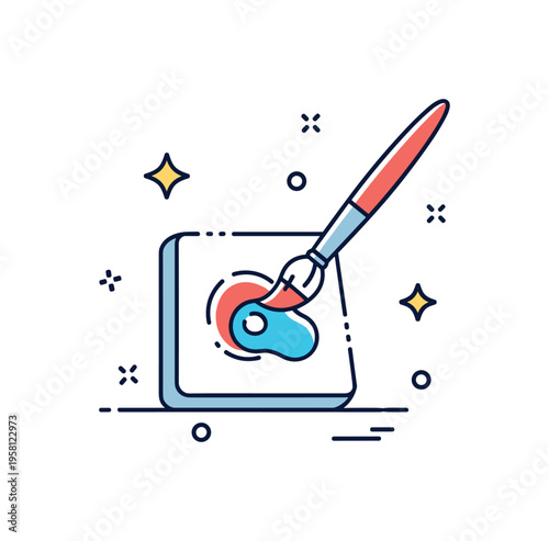 Creative spark moment showing a single brush finishing a small abstract shape on a canvas tile with subtle star accents around it. Positive visual metaphor of