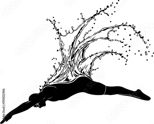 Vector illustration of woman diving into water, black silhouette