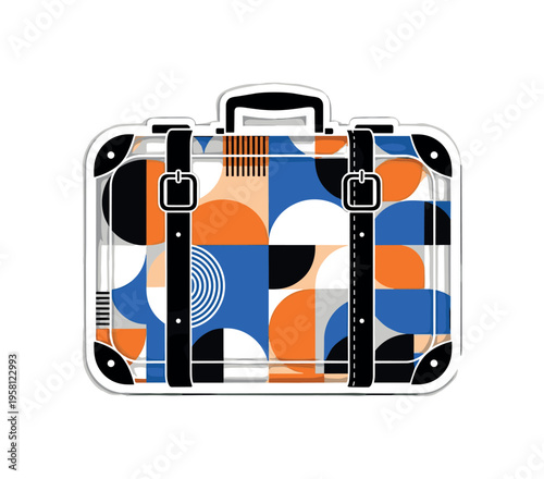 spring wanderlust suitcase with geometric circles semicircles and abstract blocks, black and white vintage suitcase ready for spring travel with white cut-out