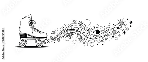 roller skate leaving trail of stars, flowing lines circles and abstract dots suggesting motion path, black and white vintage skate moving forward leaving star