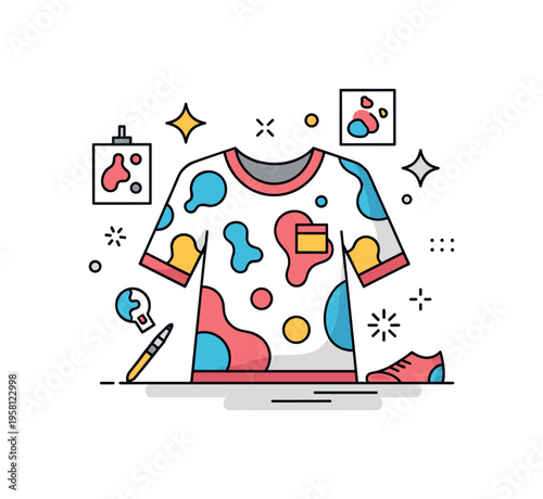 Artistic clothing concept stylish garment decorated with abstract shapes while small paint and sparkle icons hint at the inspiration drawn from modern art. The