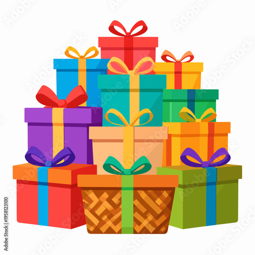 Vibrant celebration scene featuring a pyramid of colorful gift boxes with matching ribbons, viewed straight on as a vector illustration for festive occasions and joyful gifting displays